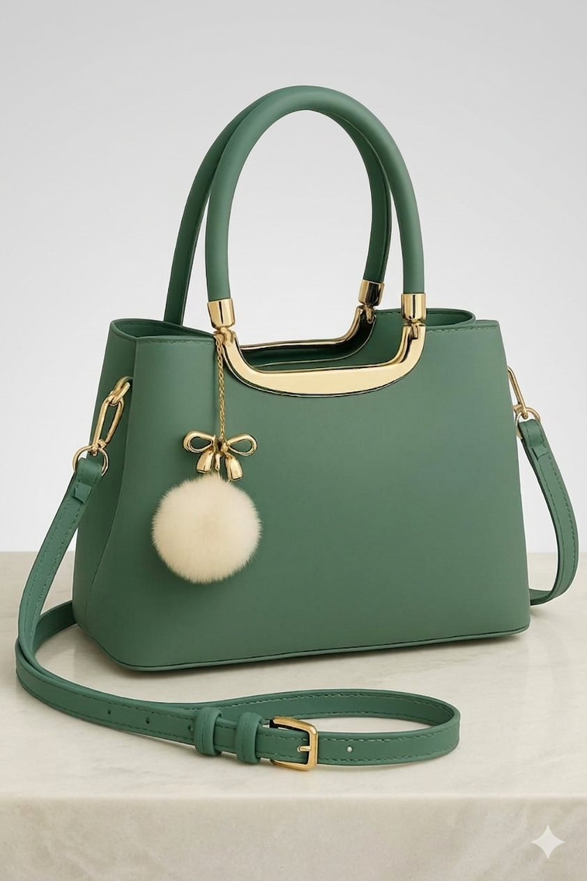 Luxury Sage Green Vegan Leather Handbag with Gold-Tone Accents and Pom-Pom Charm