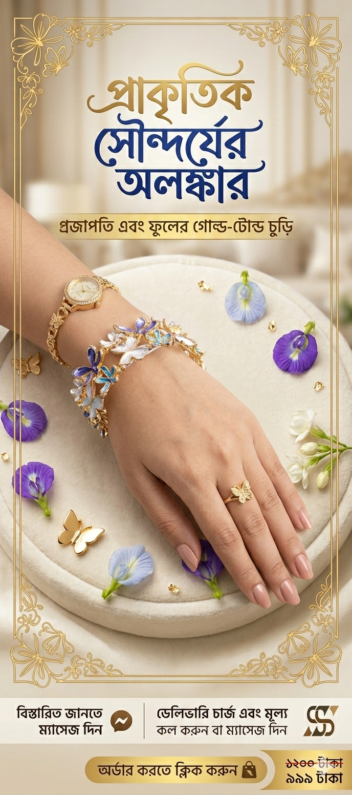 প্রিমিয়াম গোল্ড-টোন্ড বাটারফ্লাই এবং ফ্লাওয়ার এনামেল চুড়ি - মাল্টিকালার