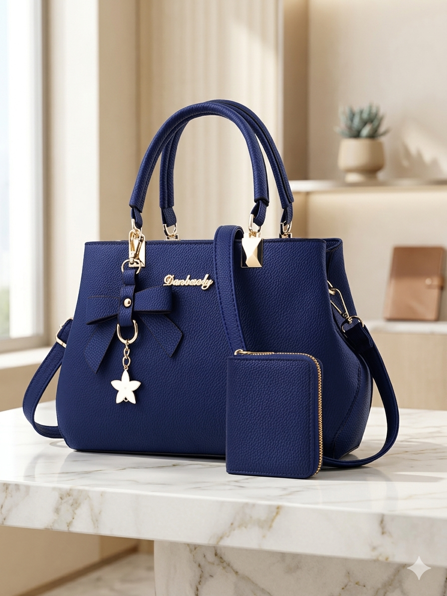 Premium Navy Blue Leather Handbag Set for Women - Stylish Top-Handle Tote with Matching Wallet